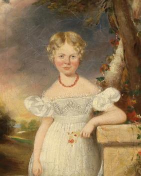 Early 19th century English School, oil on canvas, Three quarter length portrait of a young girl wearing a coral necklace, 23 x 19cm, ornate gilt frame